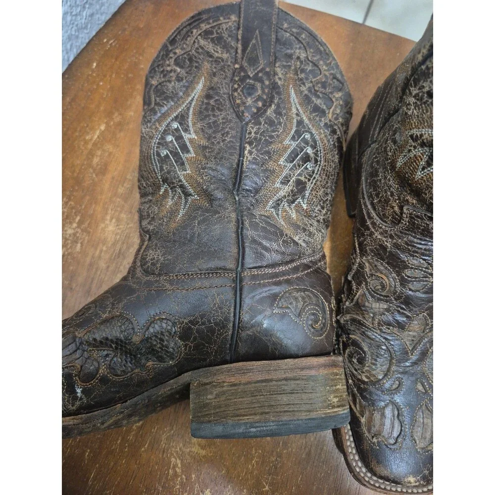 Corral  Chocolate Snake Inlay Brown Square Toe Boot Model A2404 Woman’s 7.5M